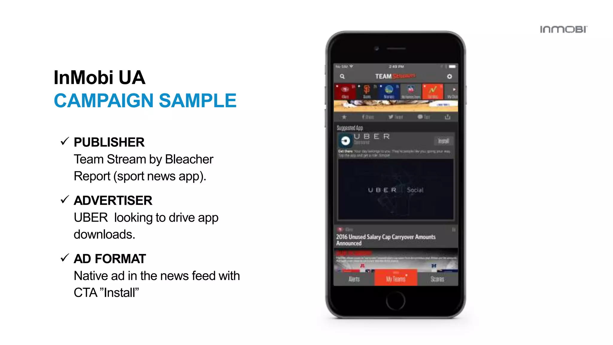 InMobi UA
CAMPAIGN SAMPLE
 PUBLISHER
Team Stream by Bleacher
Report (sport news app).
 ADVERTISER
UBER looking to drive app
downloads.
 AD FORMAT
Native ad in the news feed with
CTA ”Install”
 