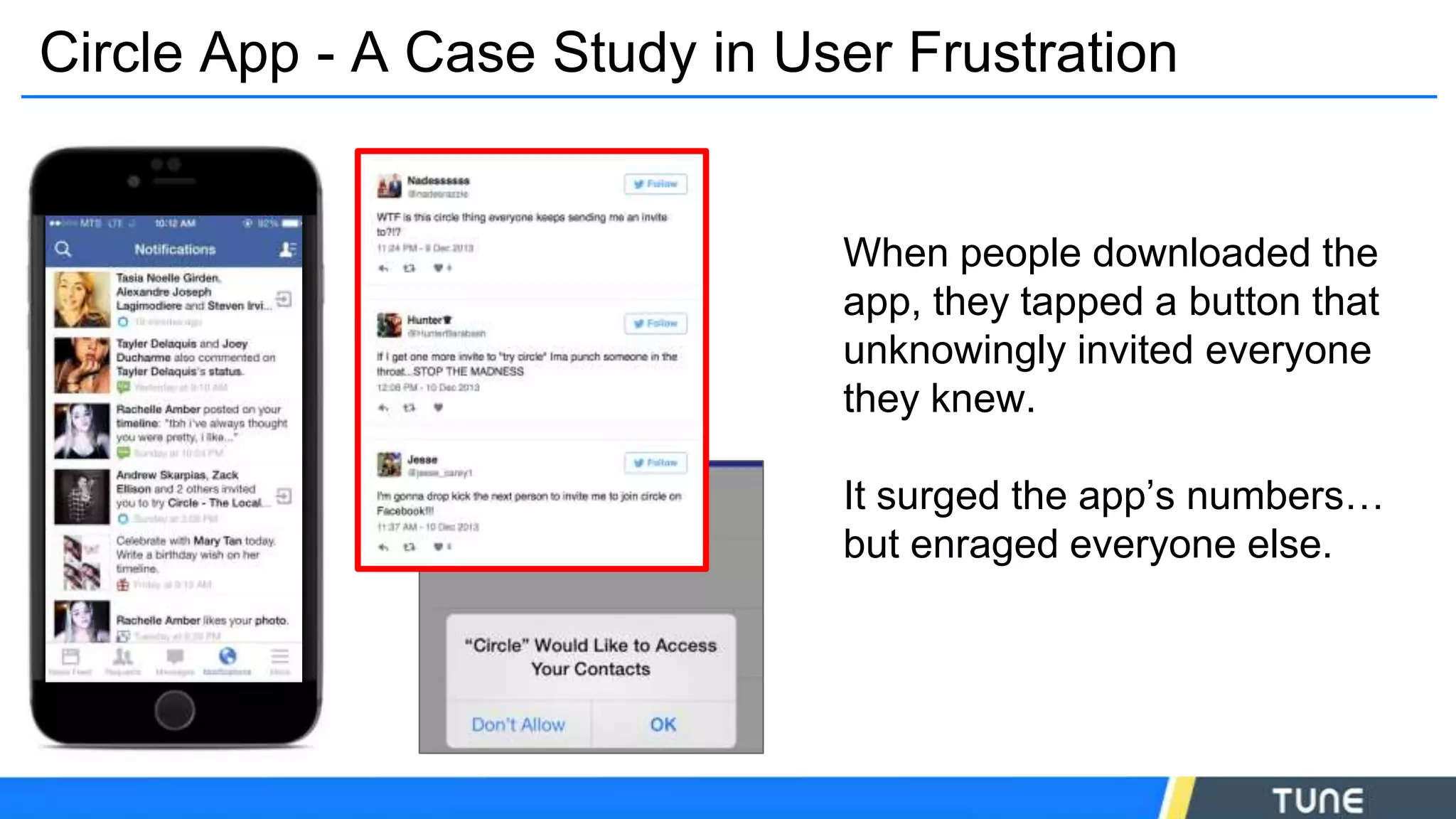 Circle App - A Case Study in User Frustration
When people downloaded the
app, they tapped a button that
unknowingly invited everyone
they knew.
It surged the app’s numbers…
but enraged everyone else.
 