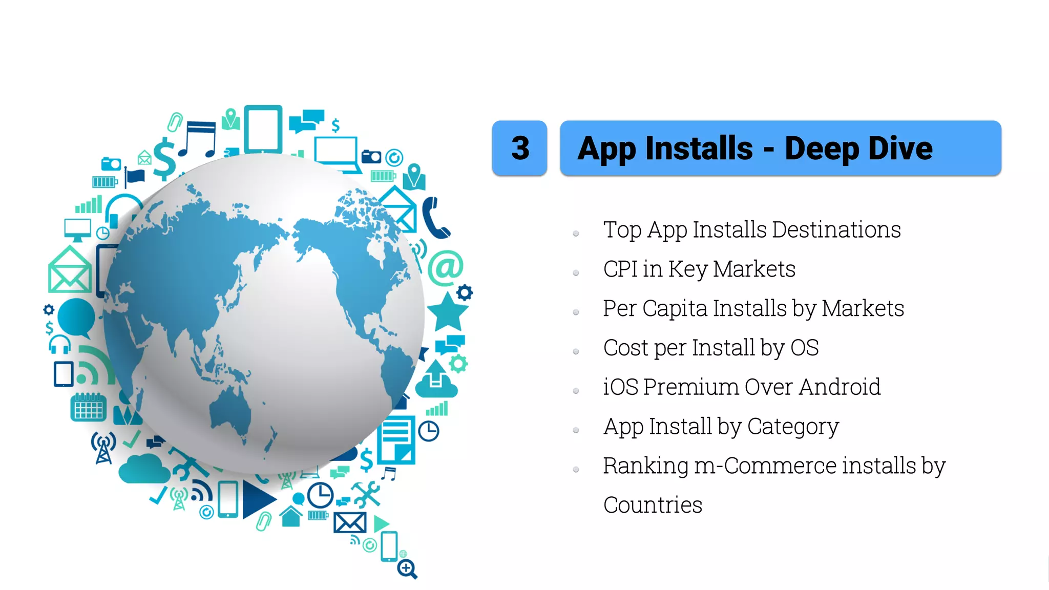 Top App Installs Destinations
CPI in Key Markets
Per Capita Installs by Markets
Cost per Install by OS
iOS Premium Over Android
App Install by Category
Ranking m-Commerce installs by
Countries
App Installs - Deep Dive3
 