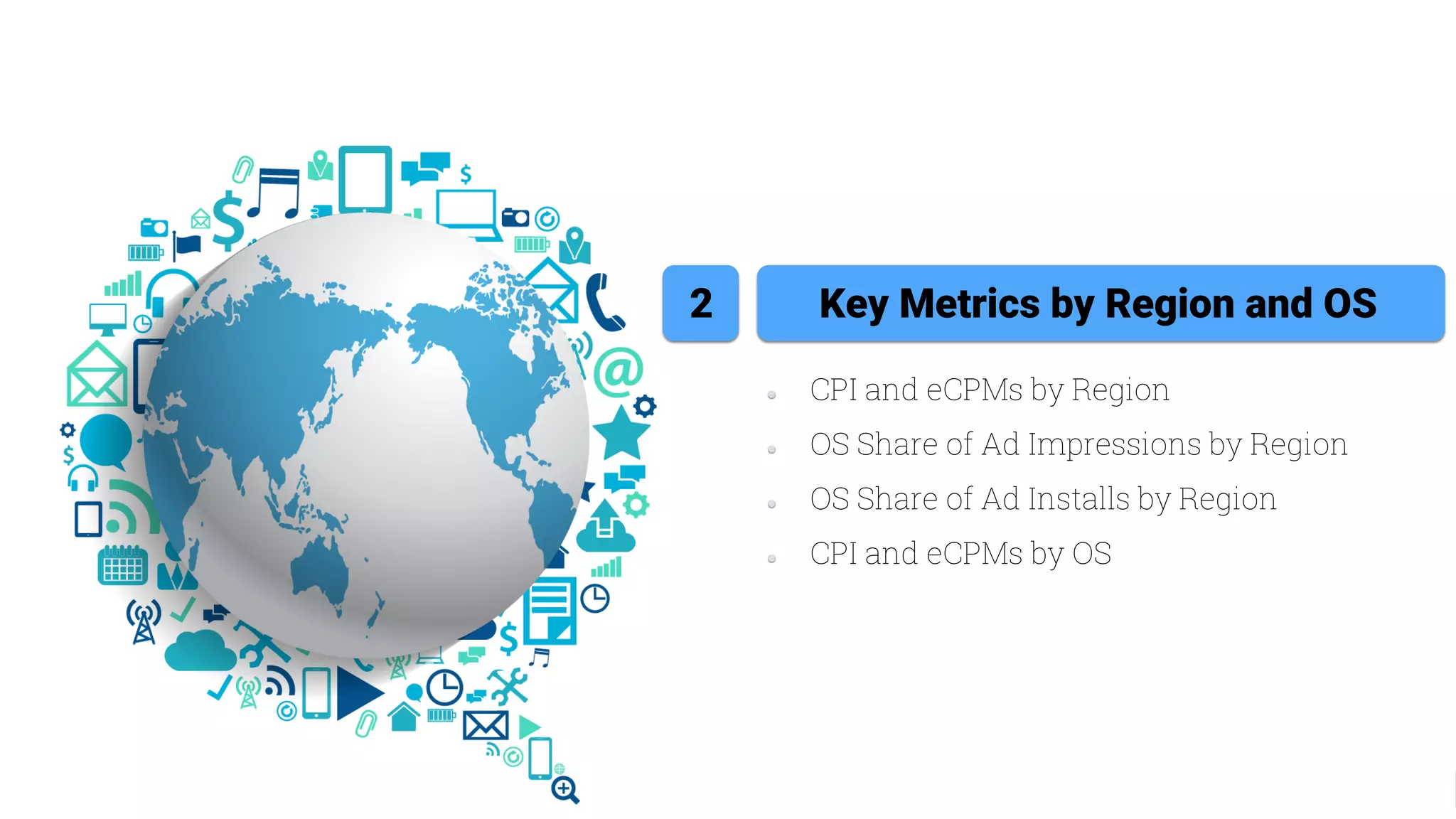 CPI and eCPMs by Region
OS Share of Ad Impressions by Region
OS Share of Ad Installs by Region
CPI and eCPMs by OS
Key Metrics by Region and OS2
 