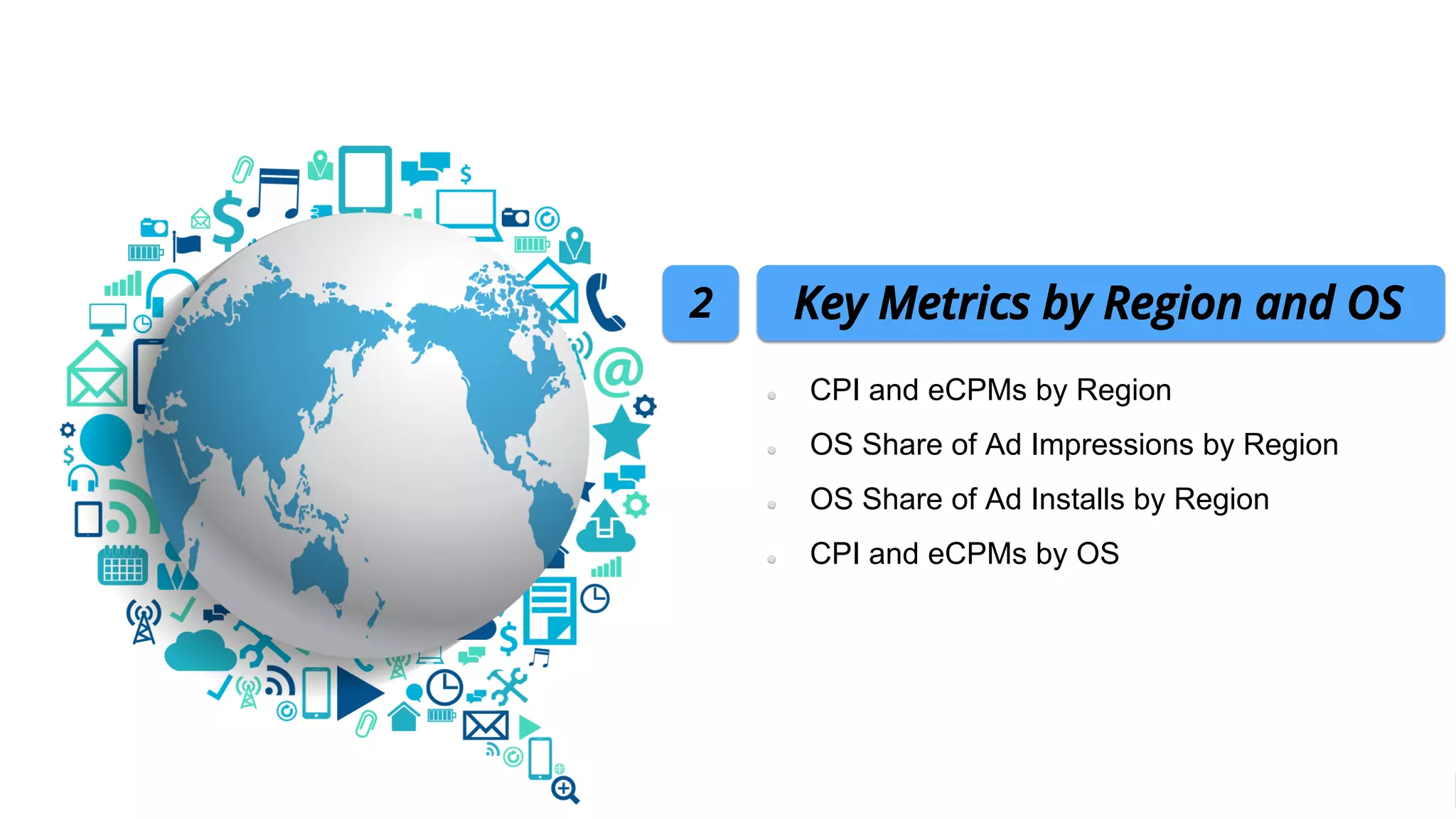 CPI and eCPMs by Region
OS Share of Ad Impressions by Region
OS Share of Ad Installs by Region
CPI and eCPMs by OS
Key Metrics by Region and OS2
 