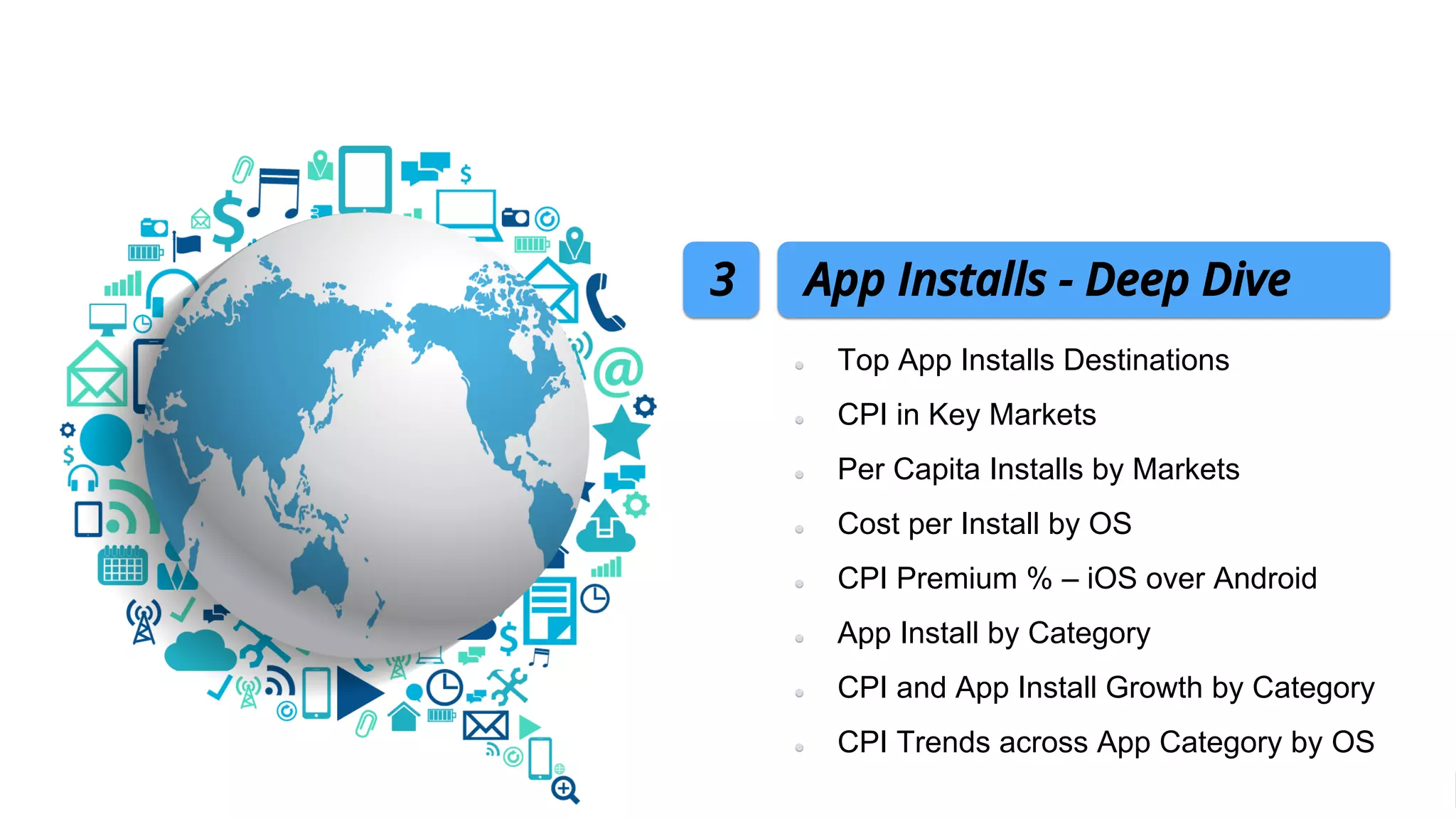 Top App Installs Destinations
CPI in Key Markets
Per Capita Installs by Markets
Cost per Install by OS
CPI Premium % – iOS over Android
App Install by Category
CPI and App Install Growth by Category
CPI Trends across App Category by OS
App Installs - Deep Dive3
 