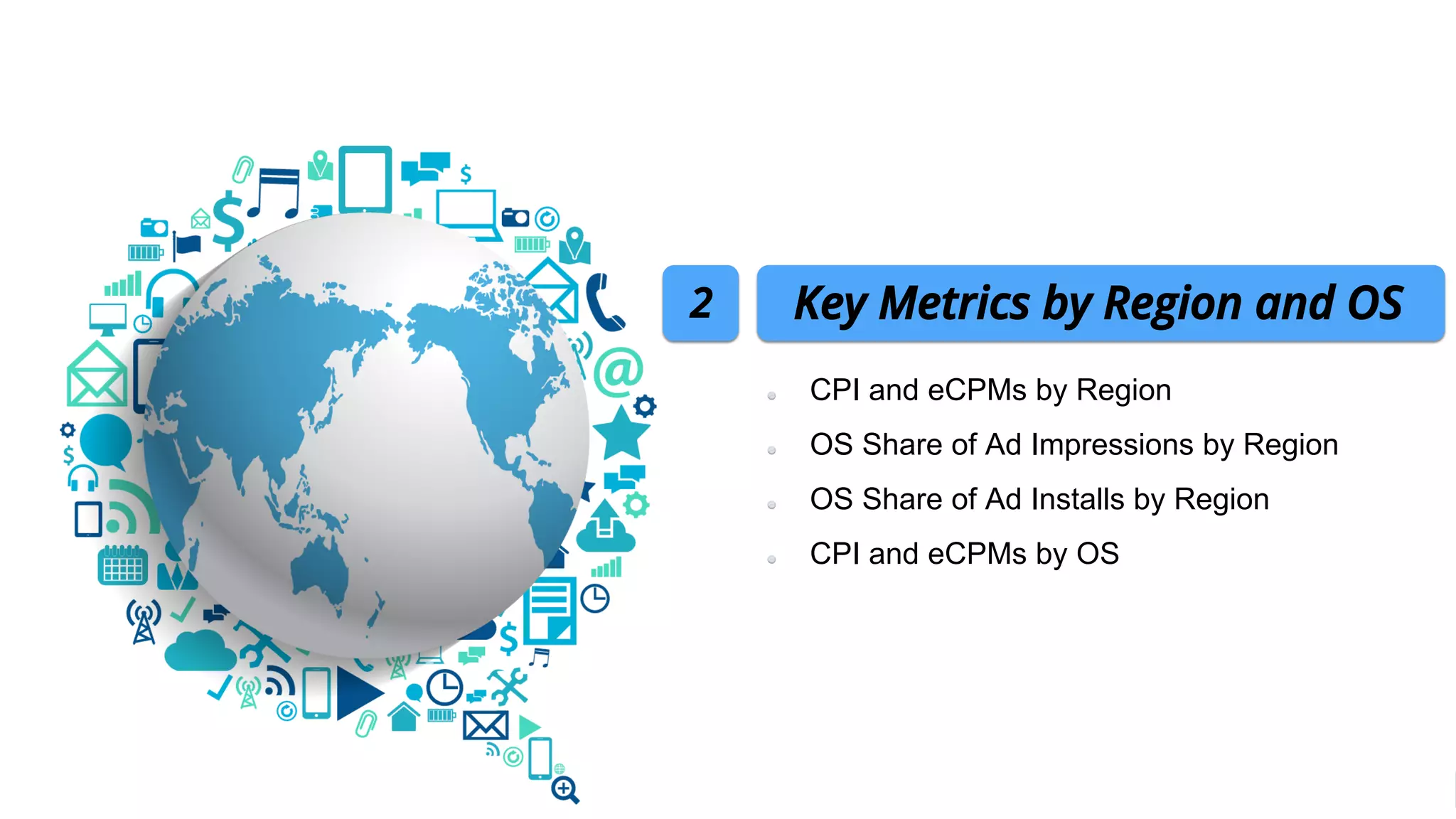 CPI and eCPMs by Region
OS Share of Ad Impressions by Region
OS Share of Ad Installs by Region
CPI and eCPMs by OS
Key Metrics by Region and OS2
 