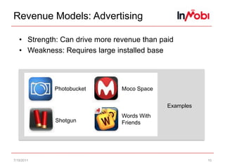 Revenue Models: Paid DownloadStrength: Works best with gaming and utilitiesWeakness: Promotion is difficultExamples7/15/117Angry BirdsTiny WingsFruit Ninja