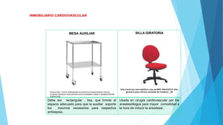 MESA AUXILIAR SILLA GIRATORIA
http://articulo.mercadolibre.com.pe/MPE-406426923-silla-
giratoria-para-oficina-variedad-de-modelos-_JM
Debe ser rectangular , lisa, que brinde el
espacio adecuado para que la auxiliar soporte
los insumos necesarios para respectiva
antisepsia.
Usada en cirugía cardiovascular por los
anestesiólogos para mayor comodidad a
la hora de inducir la anestesia .
Fuente:http://www.medicalexpo.es/prod/orla-equipamientos-clinicos-
sl/mesas-auxiliares-instrumentos-acero-inoxidable-ruedas-2-bandejas-80148-
512074.html
 