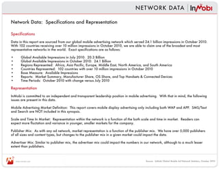 NET WORK DATA

Network Data: Specifications and Representation

Specifications

Data in this report are sourced from our global mobile advertising network which served 24.1 billion impressions in October 2010.
With 102 countries receiving over 10 million impressions in October 2010, we are able to claim one of the broadest and most
representative networks in the world. Exact specifications are as follows:

•        Global Available Impressions in July 2010: 20.3 Billion
•        Global Available Impressions in October 2010: 24.1 Billion
•        Regions Represented: Africa, Asia Pacific, Europe, Middle East, North America, and South America
•        Countries Represented: 102 countries with over 10 million impressions in October 2010
•        Base Measure: Available Impressions
•        Reports: Market Summary, Manufacturer Share, OS Share, and Top Handsets & Connected Devices
•        Time Periods: October 2010 with change versus July 2010

Representation

InMobi is committed to an independent and transparent leadership position in mobile advertising. With that in mind, the following
issues are present in this data.

Mobile Advertising Market Definition: This report covers mobile display advertising only including both WAP and APP. SMS/Text
and Search are NOT included in this synopsis.

Scale and Time In Market: Representation within the network is a function of the both scale and time in market. Readers can
expect more fluctation and variance in younger, smaller markets for the company.

Publisher Mix: As with any ad network, market representation is a function of the publisher mix. We have over 5,000 publishers
of all sizes and content types, but changes to the publisher mix in a given market could impact the data.

Advertiser Mix: Similar to publisher mix, the advertiser mix could impact the numbers in our network, although to a much lesser
extent than publishers.



    www.inmobi.com                                                                       Source: InMobi Global Mobile Ad Network Statistics, October 2010
 