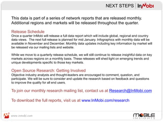 NEXT STEPS

This data is part of a series of network reports that are released monthly.
Additional regions and markets will be released throughout the quarter.

Release Schedule
Once a quarter InMobi will release a full data report which will include global, regional and country
data views. The next full release is planned for mid January. Infographics with monthly data will be
available in November and December. Monthly data updates including key information by market will
be released via our mailing lists and website.

While we move to a quarterly release schedule, we will still continue to release insightful data on key
markets across regions on a monthly basis. These releases will shed light on emerging trends and
unique developments specific to those key markets.

Open Source Research: Getting Involved
Objective industry analysts and thought-leaders are encouraged to comment, question, and
participate. We will be sure to consider and update the research based on feedback and questions
to improve the quality for all end users.

To join our monthly research mailing list, contact us at Research@InMobi.com

To download the full reports, visit us at www.InMobi.com/research
 