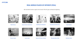 REAL-WORLD PLACES OF INTEREST (POIs)
We translate location signals into known POIs for geo-contextual targeting.
Government Institutions
Social Hubs
Healthcare Institutions
Sports & Fitness Centers
Retail Stores
Tourists Spots
Educational Institutions
Transportation Hubs
Auto Dealers
Business Hubs
 