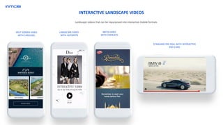 SPLIT SCREEN VIDEO
WITH CAROUSEL
LANDSCAPE VIDEO
WITH HOTSPOTS
STANDARD PRE-ROLL WITH INTERACTIVE
END CARD
META VIDEO
WITH OVERLAYS
Landscape videos that can be repurposed into interactive mobile formats
INTERACTIVE LANDSCAPE VIDEOS
 