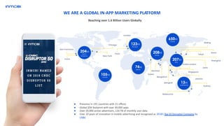 ● Presence in 191 countries with 21 offices
● Global SDK footprint with over 30,000 apps
● Over 20,000 active advertisers, 120 TB of monthly user data
● Over 10 years of innovation in mobile advertising and recognized as 2018’s Top 50 Disruptor Company by
CNBC
WE ARE A GLOBAL IN-APP MARKETING PLATFORM
204M
North
America
123M
Europe
105M
LATAM
74M
MENA
208M
INDIA
207M
SEA
13M
AUSTRALIA
650M
CHINA
Reaching over 1.6 Billion Users Globally
 