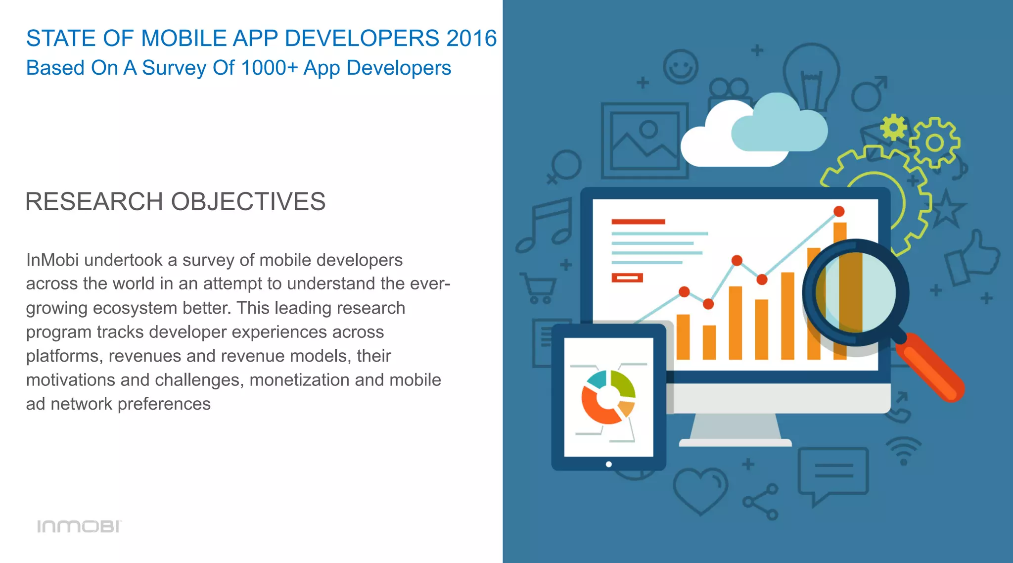 InMobi undertook a survey of mobile developers
across the world in an attempt to understand the ever-
growing ecosystem better. This leading research
program tracks developer experiences across
platforms, revenues and revenue models, their
motivations and challenges, monetization and mobile
ad network preferences
RESEARCH OBJECTIVES
STATE OF MOBILE APP DEVELOPERS 2016
Based On A Survey Of 1000+ App Developers
 