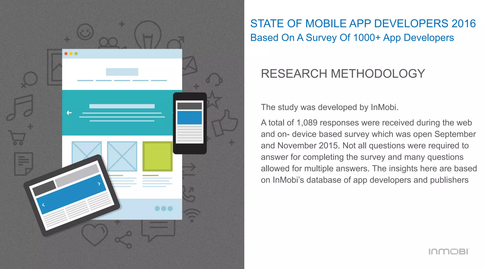The study was developed by InMobi.
A total of 1,089 responses were received during the web
and on- device based survey which was open September
and November 2015. Not all questions were required to
answer for completing the survey and many questions
allowed for multiple answers. The insights here are based
on InMobi’s database of app developers and publishers
STATE OF MOBILE APP DEVELOPERS 2016
Based On A Survey Of 1000+ App Developers
RESEARCH METHODOLOGY
 