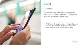Insight 2
Opportunity:
Mobile Continues To Attract Entrepreneurs
With The Opportunity It Offers To Scale Their
Business And Revenues Globally
1.  Mobile app development is a young and growing
industry. Almost 3/4th of the developers have
been in the industry for less than 3 years
 