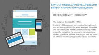 The study was developed by InMobi.
A total of 1,089 responses were received during the web
and on- device based survey which was open September
and November 2015. Not all questions were required to
answer for completing the survey and many questions
allowed for multiple answers. The insights here are based
on InMobi’s database of app developers and publishers
STATE OF MOBILE APP DEVELOPERS 2016
Based On A Survey Of 1000+ App Developers
RESEARCH METHODOLOGY
 