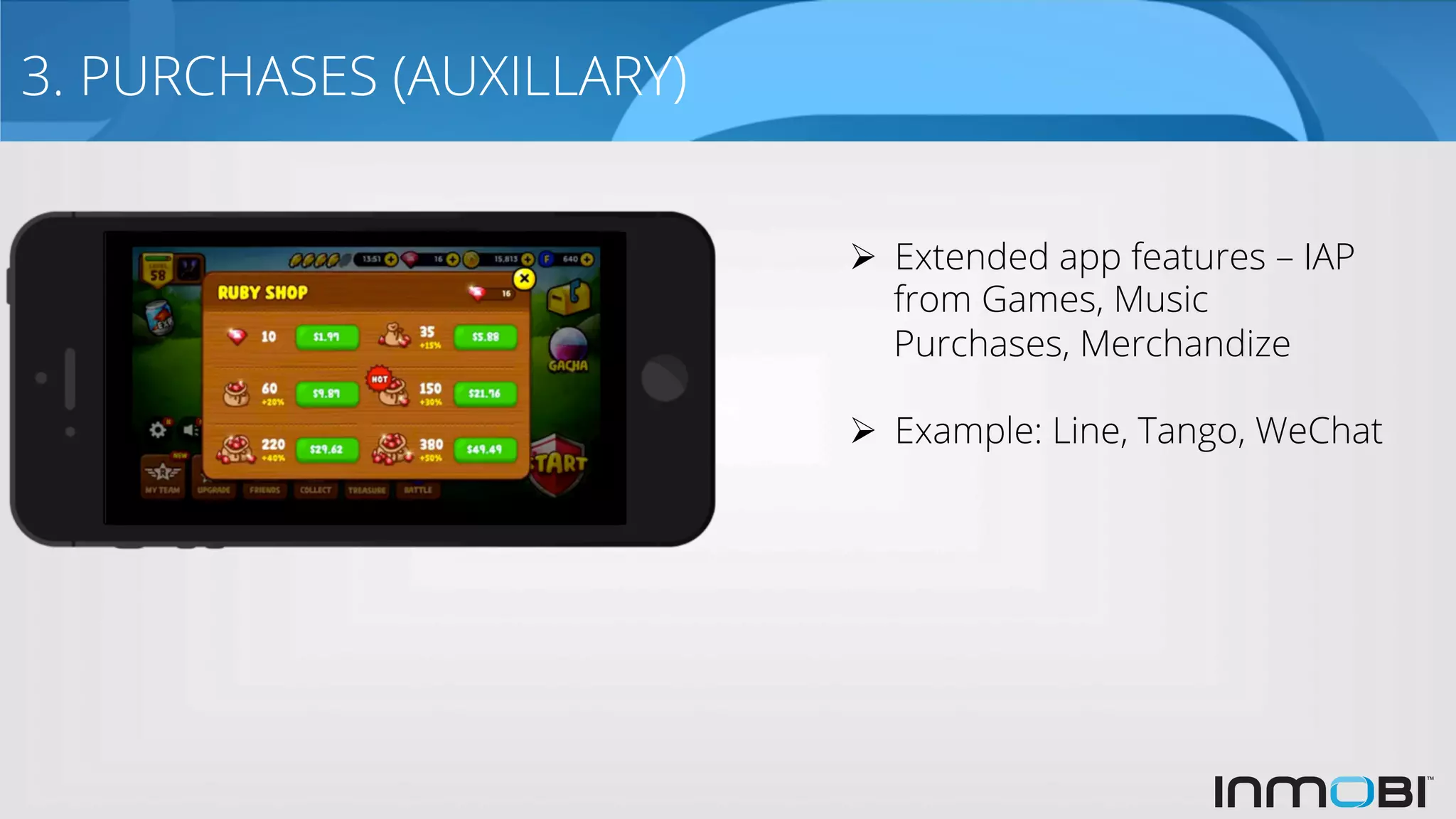 3. PURCHASES (AUXILLARY)
Ø  Extended app features – IAP
from Games, Music
Purchases, Merchandize
Ø  Example: Line, Tango, WeChat
 