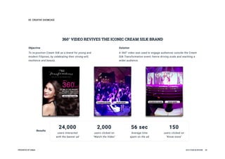 05CREATIVESHOWCASE
PRESENTEDBYInMobi 2016YEARINREVIEW 29
Results
24,000
usersinteracted
withthebannerad
2,000
usersclickedon
"WatchtheVideo"
56sec
Averagetime
spentonthead
150
usersclickedon
"Knowmore"
360°VIDEOREVIVESTHEICONICCREAM SILKBRAND
Objective
Tore-positionCream Silkasabrandforyoungand
modernFilipinas,bycelebratingtheirstrong-will,
resilienceandbeauty.
Solution
A360°videowasusedtoengageaudiencesoutsidetheCream
SilkTransformationevent,hencedrivingscaleandreachinga
wideraudience.
 