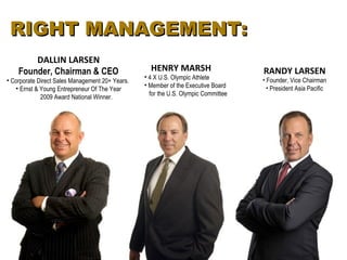 RIGHT MANAGEMENT:
        DALLIN LARSEN
    Founder, Chairman & CEO                        HENRY MARSH                      RANDY LARSEN
                                                 • 4 X U.S. Olympic Athlete         • Founder, Vice Chairman
• Corporate Direct Sales Management 20+ Years.
                                                 • Member of the Executive Board      • President Asia Pacific
   • Ernst & Young Entrepreneur Of The Year
                                                   for the U.S. Olympic Committee
             2009 Award National Winner.
 