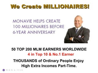 We Create MILLIONAIRES!




50 TOP 200 MLM EARNERS WORLDWIDE
        4 in Top 10 & No.1 Earner
THOUSANDS of Ordinary People Enjoy
   High Extra Incomes Part-Time.
 