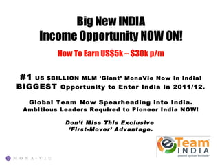 Big New INDIA
      Income Opportunity NOW ON!
           How To Earn US$5k – $30k p/m

#1   US $BILLION MLM ‘Giant’ MonaVie Now in India!
BIGGEST Opportunity to Enter India in 2011/12.

   Global Team Now Spearheading into India.
 Ambitious Leaders Required to Pioneer India NOW!

             Don’t Miss This Exclusive
              ‘First-Mover’ Advantage.
 