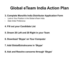 Global eTeam India Action Plan
3. Complete MonaVie India Distributor Application Form
-   Lock-in Your Position in the Global eTeam India
-   Date Order Preference


4. Fill out your Candidate List

5. Dream 20 Left and 20 Right in your Team

6. Download ‘Skype’ on Your Computer

7. Add GlobalExtraIncome in ‘Skype’

8. Ask and Resolve concerns through ‘Skype’
 