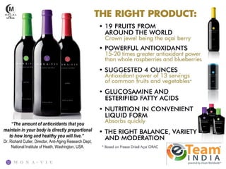 “The amount of antioxidants that you
maintain in your body is directly proportional
  to how long and healthy you will live.”
Dr. Richard Cutler, Director, Anti-Aging Research Dept,
     National Institute of Heath, Washington, USA.
 