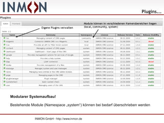Plugins...




Modularer Systemaufbau!

Bestehende Module (Namespace „system“) können bei bedarf überschrieben werden


             INMON GmbH · http://www.inmon.de
 