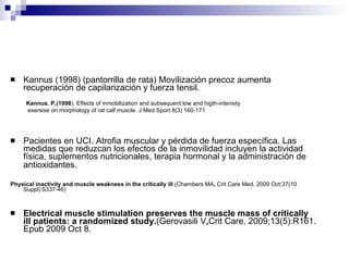 Kannus (1998) (pantorrilla de rata) Movilización precoz aumenta recuperación de capilarización y fuerza tensil. Pacientes en UCI. Atrofia muscular y pérdida de fuerza específica. Las medidas que reduzcan los efectos de la inmovilidad incluyen la actividad física, suplementos nutricionales, terapia hormonal y la administración de antioxidantes.   Physical inactivity and muscle weakness in the critically ill .(Chambers MA ,  Crit Care Med. 2009 Oct;37(10 Suppl):S337-46) Electrical muscle stimulation preserves the muscle mass of critically ill patients: a randomized study. (Gerovasili V , Crit Care. 2009;13(5):R161. Epub 2009 Oct 8. Kannus. P.(1998 ). Effects of inmobilization and subsequent low and higth-intensity exersise on morphology of rat calf muscle. J Med Sport 8(3) 160-171 