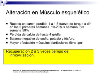 Alteración en Músculo esquelético Reposo en cama, perdida 1 a 1,5 fuerza de torque x día en las 2 primeras semanas. 10-20% x semana, 3ra semana 50% Pérdida de calcio de hasta 4 gr/día  Balance negativo de sodio, potasio y fósforo. Mayor afectación músculos biarticulares fibra tipo1 Recuperación 2 a 3 veces tiempo de inmovilización. Síndrome de desacondicionamiento físico el paciente en estado crítico y su manejo (Pardo J,  Pardo L.)  Sección de Rehabilitación Fundación Santa Fe de Bogotá. 