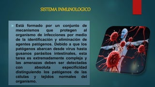  Está formado por un conjunto de
mecanismos que protegen al
organismo de infecciones por medio
de la identificación y eliminación de
agentes patógenos. Debido a que los
patógenos abarcan desde virus hasta
gusanos parásitos intestinales, esta
tarea es extremadamente compleja y
las amenazas deben ser detectadas
con absoluta especificidad
distinguiendo los patógenos de las
células y tejidos normales del
organismo.
SISTEMA INMUNOLOGICO
 
