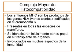 Complejo Mayor de Histocompatibilidad Los antígenos MHC son los productos de los genes HLA (varios cientos) codificados en el cromosoma 6.  Presentes en todas las especies de mamíferos. Se identificaron inicialmente por su papel en el transplante de órganos. Involucrados en muchos aspectos de la inmunidad 