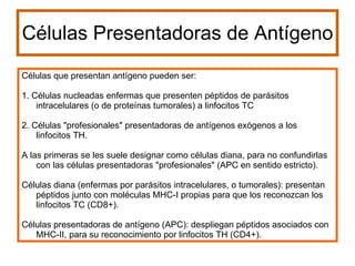Células Presentadoras de Antígeno Células que presentan antígeno pueden ser: 1. Células nucleadas enfermas que presenten péptidos de parásitos intracelulares (o de proteínas tumorales) a linfocitos TC  2. Células "profesionales" presentadoras de antígenos exógenos a los linfocitos TH.  A las primeras se les suele designar como células diana, para no confundirlas con las células presentadoras "profesionales" (APC en sentido estricto). Células diana (enfermas por parásitos intracelulares, o tumorales): presentan péptidos junto con moléculas MHC-I propias para que los reconozcan los linfocitos TC (CD8+).  Células presentadoras de antígeno (APC): despliegan péptidos asociados con MHC-II, para su reconocimiento por linfocitos TH (CD4+).  