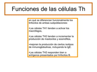en qué se diferencian funcionalmente los linfocitos de ambas subpoblaciones: Las células TH1 tienden a activar los macrófagos,  Las células TH2 tienden a incrementar la producción de mastocitos y eosinófilos, mejoran la producción de ciertos isotipos de inmunoglobulinas, incluyendo la IgE.  Las células TH2 responden bien a antígenos presentados por linfocitos B. Funciones de las células Th 