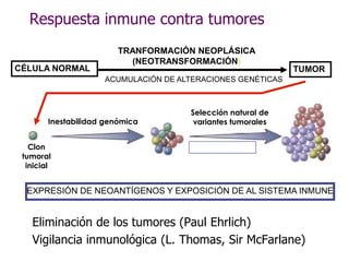 Respuesta inmune contra tumores
                         TRANFORMACIÓN NEOPLÁSICA
                           (NEOTRANSFORMACIÓN)
CÉLULA NORMAL                                                TUMOR
                     ACUMULACIÓN DE ALTERACIONES GENÉTICAS



                                      Selección natural de
        Inestabilidad genómica         variantes tumorales


   Clon
 tumoral
  inicial


  EXPRESIÓN DE NEOANTÍGENOS Y EXPOSICIÓN DE AL SISTEMA INMUNE


   Eliminación de los tumores (Paul Ehrlich)
   Vigilancia inmunológica (L. Thomas, Sir McFarlane)
 