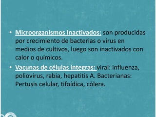 • Microorganismos Inactivados: son producidas
por crecimiento de bacterias o virus en
medios de cultivos, luego son inactivados con
calor o químicos.
• Vacunas de células íntegras: viral: influenza,
poliovirus, rabia, hepatitis A. Bacterianas:
Pertusis celular, tifoídica, cólera.

 