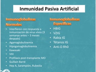 Inmunidad Pasiva Artificial

• Interfieren con respuesta a
inmunización de virus vivos (3
semanas antes – 3 meses
después)
• Agamaglobulinemia
• Hipogamaglobulinemia
• Kawasaki
• VIH
• Profilaxis post-transplante MO
• Guillain Barré
• Hep A, Sarampión, Rubeóla

•
•
•
•
•

HBIG
VZIG
Rabia IG
Tétanos IG
Anti-D Rh0

 