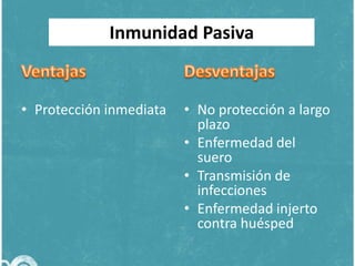 Inmunidad Pasiva

• Protección inmediata

• No protección a largo
plazo
• Enfermedad del
suero
• Transmisión de
infecciones
• Enfermedad injerto
contra huésped

 