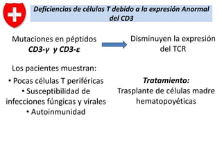 Deficiencias de células T debido a la expresión Anormal
del CD3

Mutaciones en péptidos
CD3-γ y CD3-ε
Los pacientes muestran:
• Pocas células T periféricas
• Susceptibilidad de
infecciones fúngicas y virales
• Autoinmunidad

Disminuyen la expresión
del TCR

Tratamiento:
Trasplante de células madre
hematopoyéticas

 