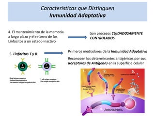 Características que Distinguen
Inmunidad Adaptativa
4. El mantenimiento de la memoria
a largo plazo y el retorno de los
Linfocitos a un estado inactivo
5. Linfocitos T y B

Son procesos CUIDADOSAMENTE
CONTROLADOS
Primeros mediadores de la Inmunidad Adaptativa
Reconocen los determinantes antigénicos por sus
Receptores de Antígenos en la superficie celular

 