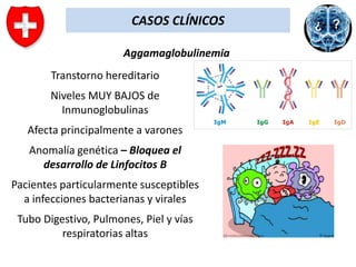 CASOS CLÍNICOS
Aggamaglobulinemia
Transtorno hereditario
Niveles MUY BAJOS de
Inmunoglobulinas
Afecta principalmente a varones

Anomalía genética – Bloquea el
desarrollo de Linfocitos B
Pacientes particularmente susceptibles
a infecciones bacterianas y virales
Tubo Digestivo, Pulmones, Piel y vías
respiratorias altas

 