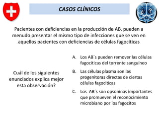 CASOS CLÍNICOS
Pacientes con deficiencias en la producción de AB, pueden a
menudo presentar el mismo tipo de infecciones que se ven en
aquellos pacientes con deficiencias de células fagocíticas
A. Los AB´s pueden remover las células
fagociticas del torrente sanguíneo

Cuál de los siguientes
enunciados explica mejor
esta observación?

B. Las células plasma son las
progenitoras directas de ciertas
células fagociticas
C. Los AB´s son opsoninas importantes
que promueven el reconocimiento
microbiano por los fagocitos

 