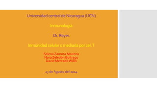Universidad central de Nicaragua (UCN) 
Inmunología 
Dr. Reyes 
Inmunidad celular o mediada por cel. T 
Selena Zamora Mairena 
Nora Zeledón Buitrago 
David Mercado Willis 
23 de Agosto del 2014 
 