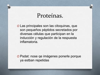 Proteínas. 
O Las principales son las citoquinas, que 
son pequeños péptidos secretados por 
diversas células que participan en la 
inducción y regulación de la respuesta 
inflamatoria. 
O Psdat: nose qe imágenes ponerle porque 
ya estban repetidas 
 