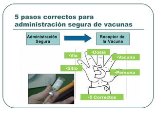 5 pasos correctos para
administración segura de vacunas
Administración
Administración
Segura
Segura

Receptor de
Receptor de
la Vacuna
la Vacuna

 
