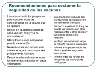 Recomendaciones para sostener la
seguridad de las vacunas










Lea atentamente los prospectos
para conocer todas las
características de la vacuna que
se aplicara
Revise en la administración de
cada vacuna: sitio y vía de
administración
Utilice los insumos apropiados
para la vacunación
No mezcle las vacunas en una
misma jeringa a menos que sea
precisamente indicado
Descarte adecuadamente todos
los elementos utilizados en cada
vacunación.











Solo mezcle las vacunas con
los diluyentes apropiados y en
las cantidades indicadas
Conserve la cadena de frío y no
guarda las vacunas con otros
medicamentos u otros objetos y
sustancias dentro de la
heladera
Verifique las reacciones luego
de 10 a 20 min de la aplicación
Informe a los padres sobre los
efectos posibles luego de la
vacunación
Informe todos los hechos no
frecuentes por las fichas de
notificación.

 