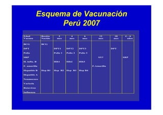 Esquema de Vacunación
                  Perú 2007
Edad          Recién      2         4         6          12        18     4–6
Vacuna        Nacido     mes       mes       mes         mes       mes     años


BCG           BCG

DPT                    DPT1      DPT2      DPT3                   DPT

Polio                  Polio 1   Polio 2   Polio 3

SRP                                                      SRP             SRP

H. influ. B            Hib1      Hib2      Hib3

F. amarilla                                          F.Amarilla

Hepatitis B   Hep B1   Hep B2    Hep B3    Hep B4

Hepatitis A

Neumococo

Varicela

Rotavirus

Influenza
 