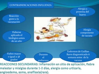 CONTRAINDICACIONES INFLUENZA
                                          Alergia a
                                         proteína del
                                            huevo
 Reacción
 grave a la
vacunación


                                               Alergia
     Haberse                                 componente
   aplicado el                                de vacuna
 biológico antes
    de un año



                                 Enfermos de Guillan
Fiebre mayor         Durante     Barre diagnosticado 6
 o igual a 38          el         semana antes de la
    grados          embarazo            vacuna
 