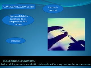 CONTRAINDICACIONES VPH   Lactancia
                         materna

   Hipersensibilidad a
    cualquiera de los
   componentes de la
         vacuna




     embarazo
 