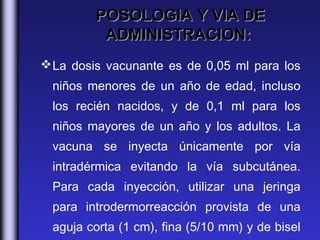 POSOLOGIA Y VIA DE
          ADMINISTRACION:
 La dosis vacunante es de 0,05 ml para los
 niños menores de un año de edad, incluso
 los recién nacidos, y de 0,1 ml para los
 niños mayores de un año y los adultos. La
 vacuna se inyecta únicamente por vía
 intradérmica evitando la vía subcutánea.
 Para cada inyección, utilizar una jeringa
 para introdermorreacción provista de una
 aguja corta (1 cm), fina (5/10 mm) y de bisel
 