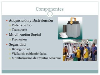 Componentes

 Adquisición y Distribución
   Cadena de frio

   Transporte

 Movilización Social
   Promoción

 Seguridad
   Bioseguridad

   Vigilancia epidemiológica

   Monitorización de Eventos Adversos
 