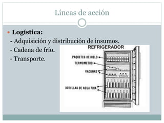 Líneas de acción

 Logística:
- Adquisición y distribución de insumos.
- Cadena de frío.
- Transporte.
 